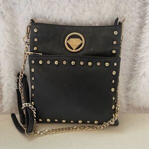 Tracy Lynn Black studs  & rhinestones crossbody bag with  gold tone chain
